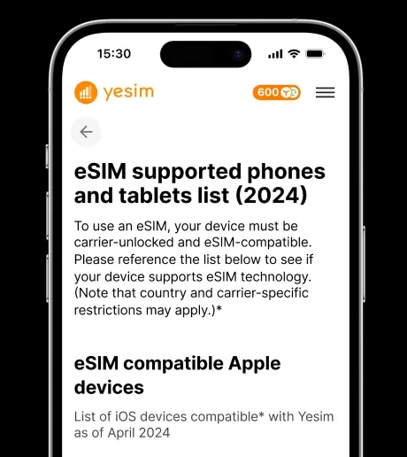 Application eSIM depuis la page Yesim 1